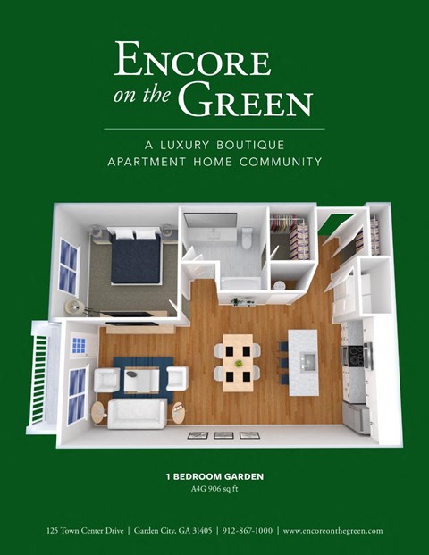 Floor plan for 1 bed, 1 bath, 906 sqft